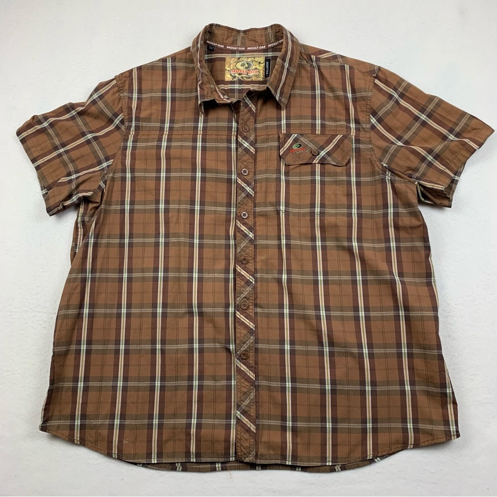 Mossy Oak Shirt Mens 2XL Button‎ Up Short Sleeve Brown Tan Plaid Outdoor Work